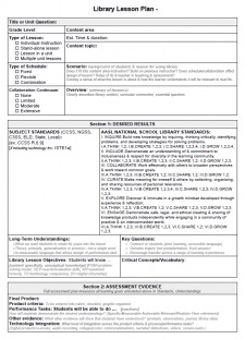 NoSweat Library Lesson Planner Template p1 - Begins with an overview area perfect for initial meeting with teacher; Section 1 delineates Subject and School Library Standards, Understandings, Questions, Objectives, & Vocabulary; Section 2 outlines Assessment. | NoSweatLibrary