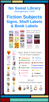 Minimize the time it takes students to find the kind of story they want to read: identify Fiction books by Subject. This package includes colorful bookcase signs, shelf labels, and book spine label templates for 16 common Fiction Subjects (genres). #NoSweatLibrary #schoollibrary #fiction #genres #librarysignage