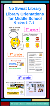 Bundle of my 3 Common Core & NSLS aligned Library Orientation Lessons for 6th, 7th, and 8th grades that promote Reading and support English Language Arts study of narrative literature. Includes Library Lesson Plans, slide presentations, editable docs or PDFs of student Activity worksheets & bookmarks, and 4 mp4 videos. #NoSweatLibrary #libraryorientation #ELA