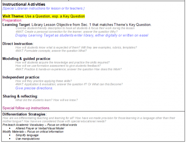 Image of NoSweat Library Lesson Planner - Section 3b,c (Instructional Activities, Differentiation strategies)
