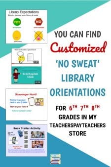 Customized School Library Orientations For You! - My customized Library Orientations for 3 middle school grades are available in No Sweat Library, my TeachersPayTeachers store. Each grade is available separately or choose the 3-grade bundle to save! #NoSweatLibrary