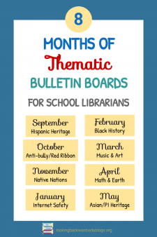 Share a Library Bulletin Board with Monthly Themes - Here are 8 themes for a school library bulletin board that I share with other staff members so I only have to do 2 different months of decorating! Learn how you can do the same. #NoSweatLibrary
