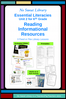 Engage 6th grade students with informational books, print magazines, and online information services using this 3-visit Library Lesson Unit. Aligned to National School Library Standards, this unit can be used with fixed library classes or as flex-schedule collaborative lessons. Visit my store & learn more! | No Sweat Library