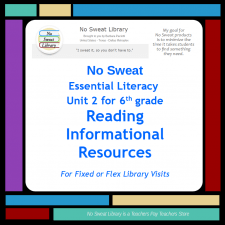 Engage 6th grade students with informational books, print magazines, and online information services using this 3-visit Library Lesson Unit focused on Reading & Information Literacies. Aligned to National School Library Standards & ELA Common Core, this can be used with fixed library classes or as a flex-schedule collaborative unit with ELA study of expository text or with another Subject area on a chosen topic. | No Sweat Library