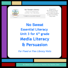 This ELA Common Core- and National School Library Standards-aligned unit of Library Lessons introduces media literacy and is coordinated with the study of Persuasive Text in the 6th grade ELA classroom. Each of 4 lesson visits follows the PACE problem-solving model, helping students to create one of 3 options for a Visual Persuasive Booktalk. | No Sweat Library
