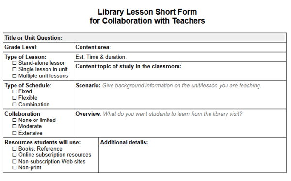 Image of single Library Lesson Teacher Collaboration Form. | No Sweat Library