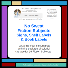 Minimize the time it takes students to find the kind of story they want to read: identify Fiction books by Subject. This package includes colorful bookcase signs, shelf labels, and book spine label templates for 16 common Fiction Subjects (genres). | No Sweat Library