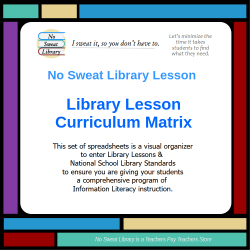 The No Sweat Library Lesson Curriculum Matrix product is designed as a set of spreadsheets for School Librarians to enter subject-area units & their assessments for each grade level to determine when a library lesson or resource is needed. | No Sweat Library