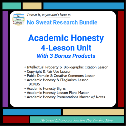 product cover for Research Lesson - Academic Honesty: 4-Lesson Unit Bundle. Provide students with a conceptual understanding of intellectual property, copyright, fair use, and public domain through the positive focus of "Academic Honesty". This 4-lesson unit embeds what's "right" as they develop their research skills, and nurtures a natural desire to avoid plagiarism. Each lesson has a hands-on practice activity. | No Sweat Library