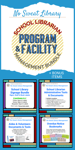 Shop No Sweat Library, my TeachersPayTeachers store. This bundle contains: Signage & labels for Dewey, Biography, and Fiction; a fillable Librarian's Handbook; administrative tools for planning, goal setting, budgeting, reporting. | No Sweat Library