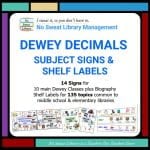 School Librarians can make it easier for students to locate a book in the Dewey Decimal Number area with these colorful, pictorial signs and shelf labels! | No Sweat Library