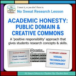 This "positive responsibility" Academic Honesty lesson integrates the concept of public domain and the creative commons with the skills for finding & citing images and other non-text media. | No Sweat Library